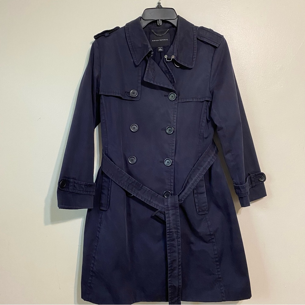 Banana Republic Trenchcoat Navy Blue Double Breasted size Petite Large
